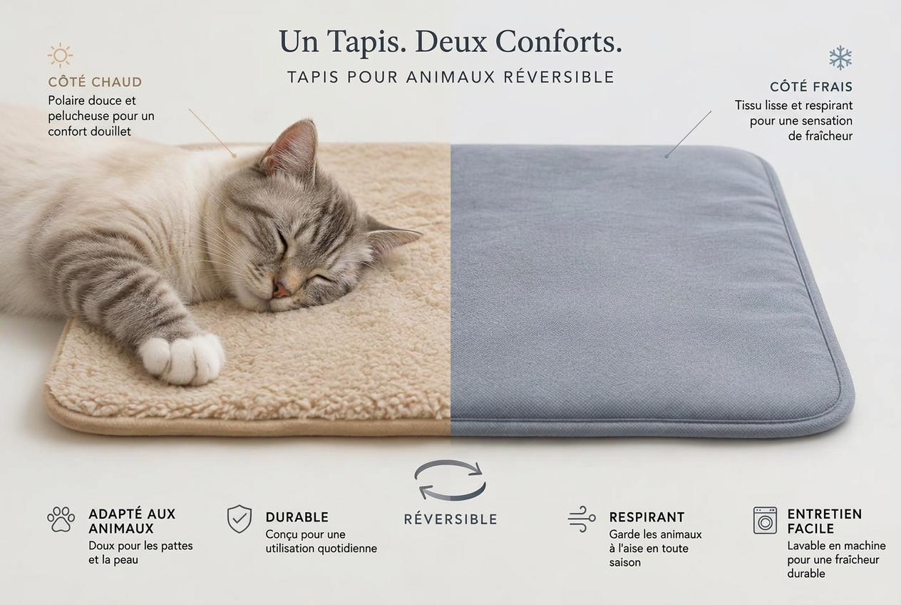 Tapis Nidcho réversible : un tapis, deux conforts — côté chaud polaire et côté frais respirant