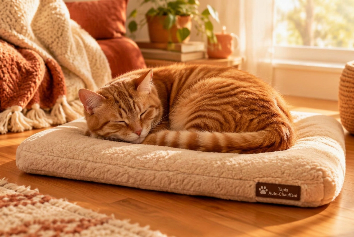 Chat roux endormi sur le tapis auto-chauffant Nidcho